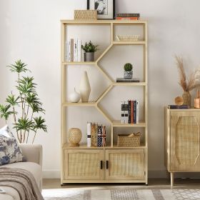 Rattan bookshelf 5 tiers Bookcases Storage Rack with cabinet for Living Room Home Office