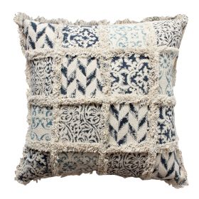 18 x 18 Square Cotton Accent Throw Pillow, Fluffy Fringes, Soft Block Print Raised Pattern, Cream, Blue
