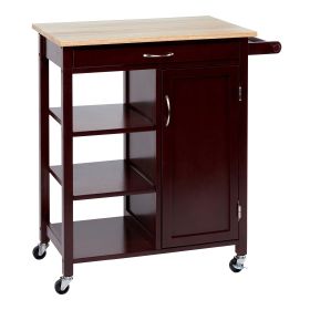 35 Inch Handcrafted Rubberwood Kitchen Island Bar Cart, 3 Shelves, 1 Cabinet, Caster Wheels, Espresso Brown