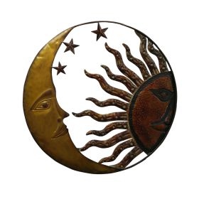 21 Inch Handcrafted Sun and Moon Accent Wall Decor, Round Metal Wall Mount, Rustic Gold, Bronze