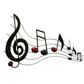26 Inch Handmade Metal Wall Mount Accent Decor with Musical Notes and Treble Clef, Black, Red