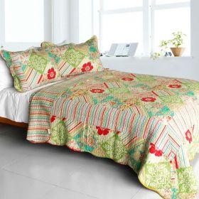 [Springtime Hills] Cotton 3PC Vermicelli-Quilted Floral Patchwork Quilt Set (Full/Queen Size)