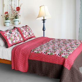 [Candy Floral] Cotton 3PC Vermicelli-Quilted Printed Quilt Set (Full/Queen Size)