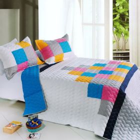 [Pure Heaven] 3PC Vermicelli-Quilted Patchwork Quilt Set (Full/Queen Size)