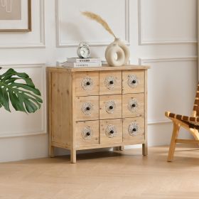 Accent Storage Cabinet Rattan Retro Wooden Apothecary Chest with 9-Drawer and Metal Handles