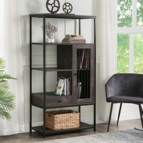 Home Office Bookcase and Bookshelf 5 Tier Display Shelf with Doors and Drawers, Freestanding Multi-functional Decorative Storage Shelving, Vintage Bro