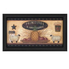 "Primitive and Antiques Shelves" By Pam Britton, Printed Wall Art, Ready To Hang Framed Poster, Black Frame