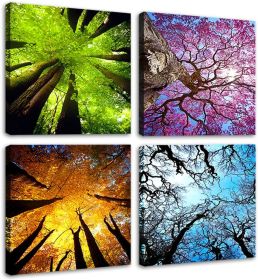 4 Panels Canvas Wall Art Spring Summer Autumn Winter Four Seasons Landscape Color Tree Painting Picture Prints Modern Giclee Artwork Stretched and Fra