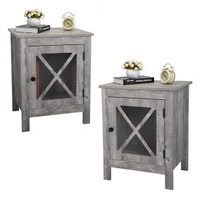 Set of 2 Industrial Nightstand Side Table End Table with X Design Glass Door - Light Gray Wood XH