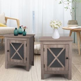 Set of 2 Industrial Nightstand Side Table End Table with X Design Glass Door--vintage wood grain XH