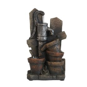 7.7x3.9x13.6" Brown and Gray Water Fountain with Antique Water Pump Design and LED Light