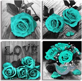 Teal Rose Flowers Canvas Prints Black and White Wall Art Turquoise Floral Pictures for Home Bedroom Bathroom Decoration