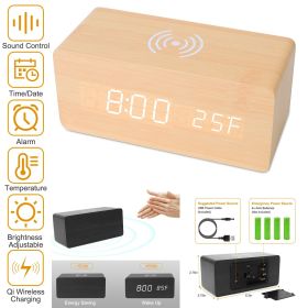 Digital Alarm Clock Qi-Wireless Charger Time Temperature Calendar Display Clock w/ Voice Control Brightness Adjustment (Color: Bamboo)