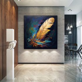 Handmade Oil Painting Original Abstract Feather Oil Painting on Canvas Large Wall Art Golden Texture Painting Minimalist Art Custom Living Room Decor (Style: 1, size: 90x90cm)