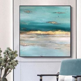 Hand Painted Abstract blue ocean oil painting seaside handmade Wall art Picture for Living room bedroom home decoration gift (size: 100x100cm)