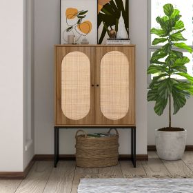 2 Door high cabinet, rattan, Built-in adjustable shelf, Easy Assembly, Free Standing Cabinet for Living Room Bedroom (Color: Walnut)
