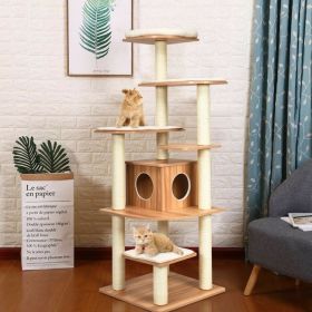 Wood Multi-Layer Platform Cat Tree with Scratch Resistant Rope (Color: as show)