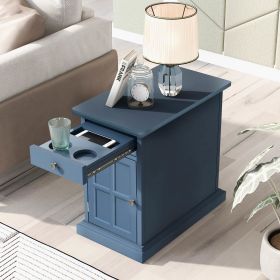 Classic Vintage Livingroom End Table Side Table with USB Ports and One Multifunctional Drawer with cup holders (Color: Antique Navy)