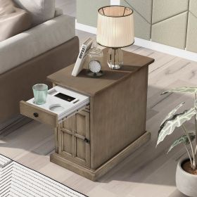 Classic Vintage Livingroom End Table Side Table with USB Ports and One Multifunctional Drawer with cup holders (Color: Antique Brown)