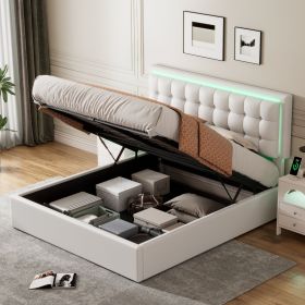 Queen Size Tufted Upholstered Platform Bed with Hydraulic Storage System,PU Storage Bed with LED Lights (Color: White)