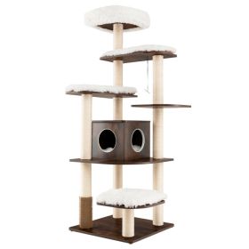 Wood Multi-Layer Platform Cat Tree with Scratch Resistant Rope (Color: brown)