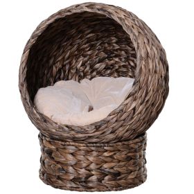 Simple Yet Practical Natural Braided Banana Leaf Elevated Cat Bed Basket With Cushion (Color: Coffee, size: 23.5" H)